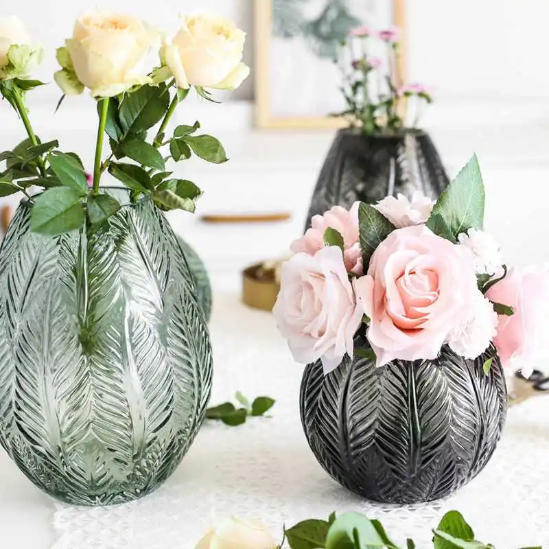 

Ins Simple Spherical Glass Vase Flower Arrangement Craftsmanship American Desktop Ornaments Hydroponic Embossed Glass Vase1