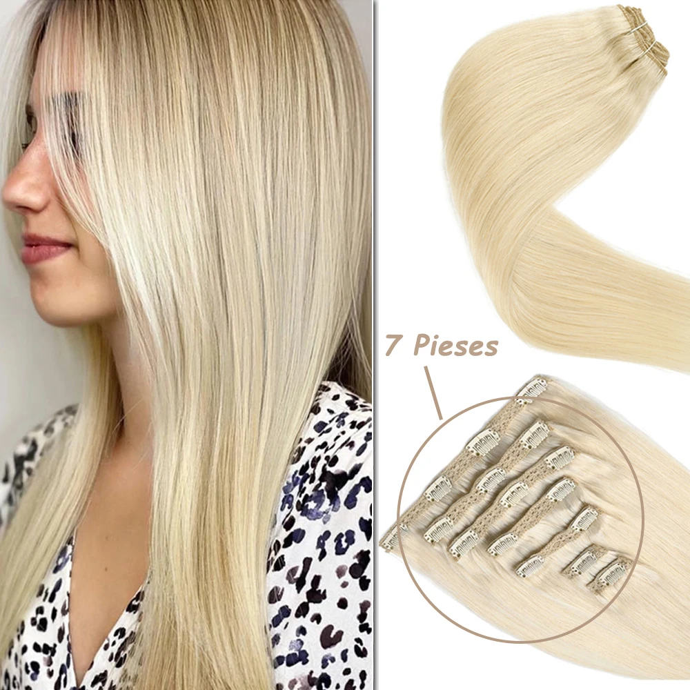 WIT Lace Clip in Human Hair Extensions Human Hair Machine Made Remy Hair 7pcs Clip on Extensions Dark Brown Blonde