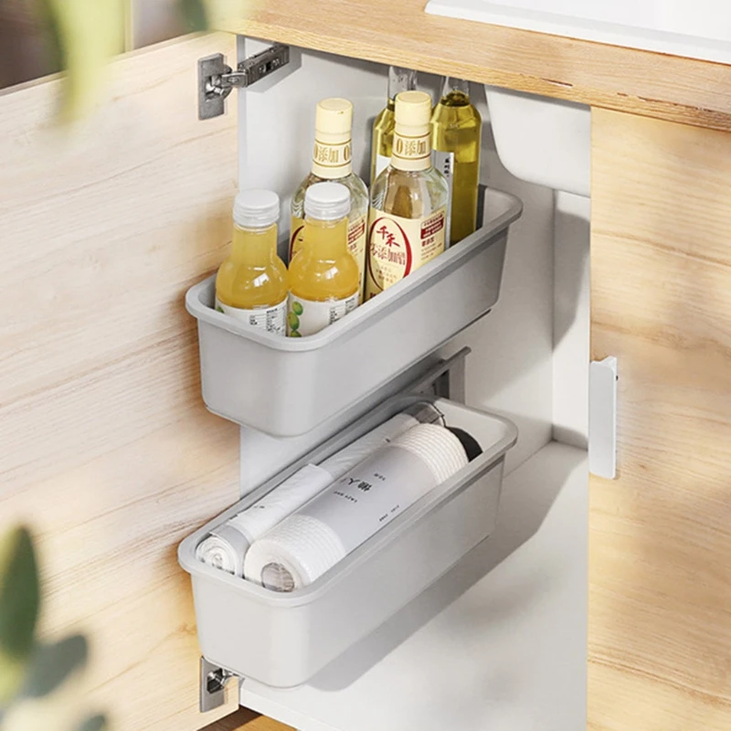 

T8NA Kitchen Seamless Wall-Mounted Drawer Storage Box Under Sink Non-Perforated Sliding Spice Rack Bottles Holder Shelf Cabinet