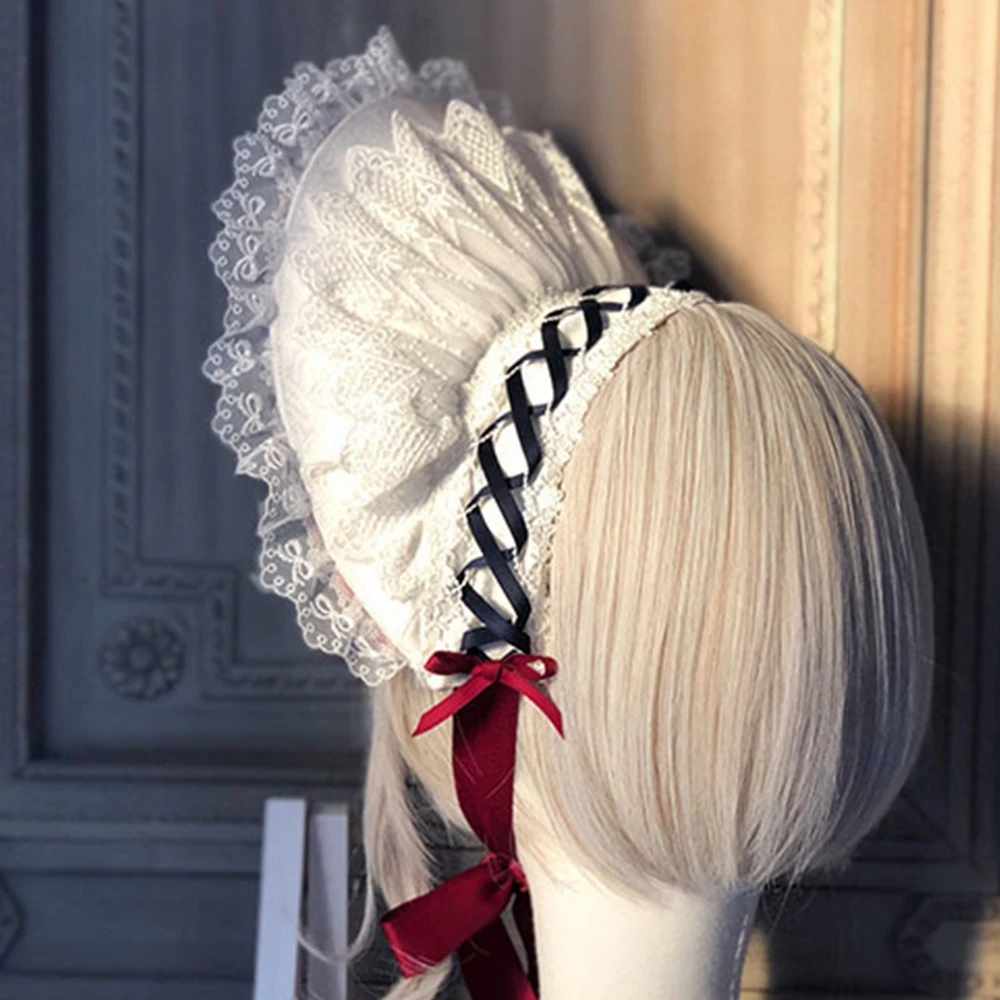 

Sweet White Victorian Era Bonnets Vintage Sun Hat Lolita Headdress Head Wear