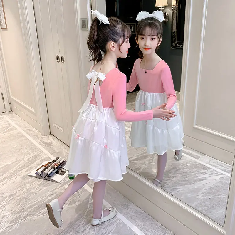 

Party Dress For Girls Spring Summer Back Bowknot Long Sleeve Kids Clothing Classic Kids Dresses for Girls 4 5 7 9 11 13Years Old