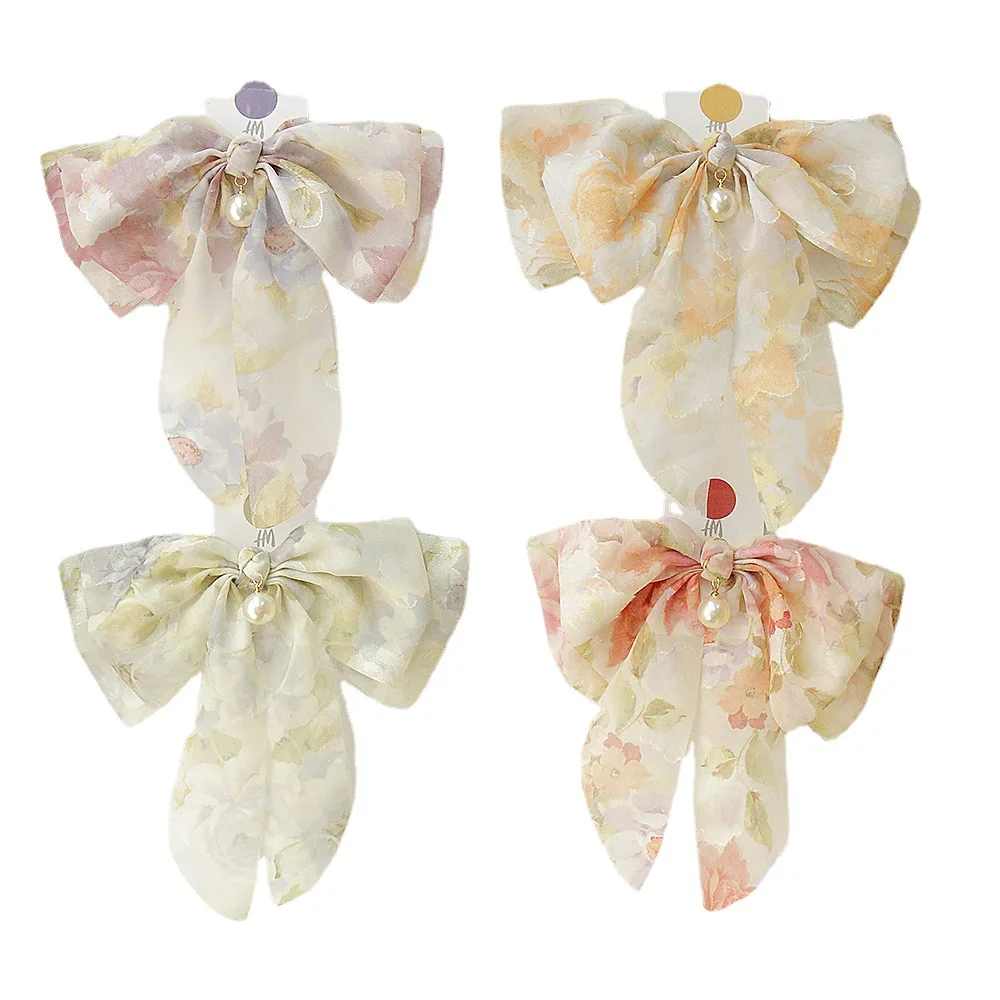 

Fashion Rhinestone Spring Hair Clips Chiffon Pearls Bow Barrettes Hairpins For Women Ribbon Headband Ponytail Hair Accessories