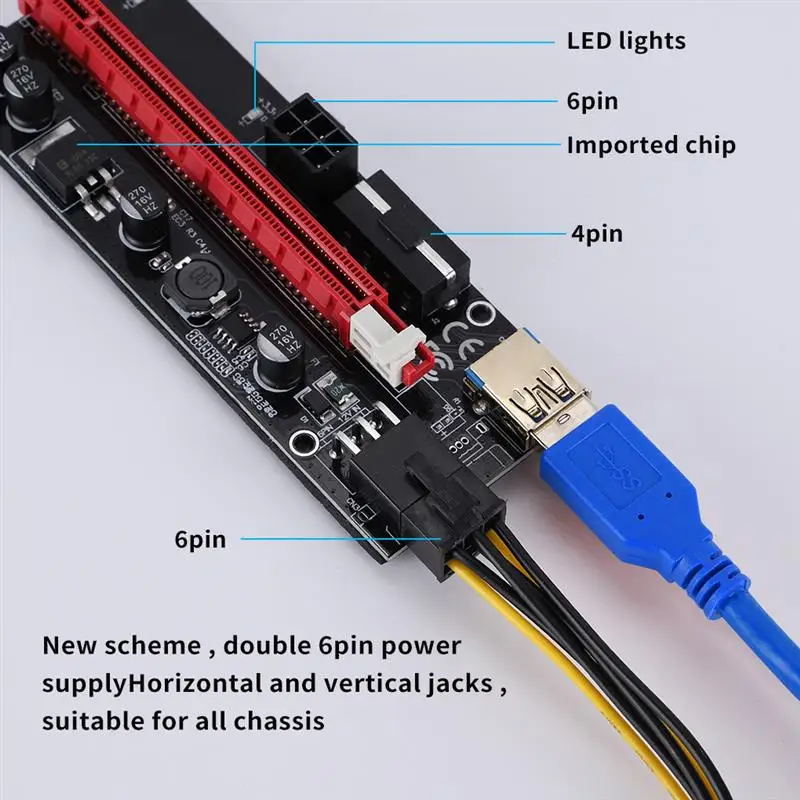 Billig 100Pcs PCI-E Pcie Riser 009S Express 1X 4x 8x 16x Extender PCI E USB Riser 009S GPU Dual 6Pin Adapter Karte SATA 15pin Für BTC