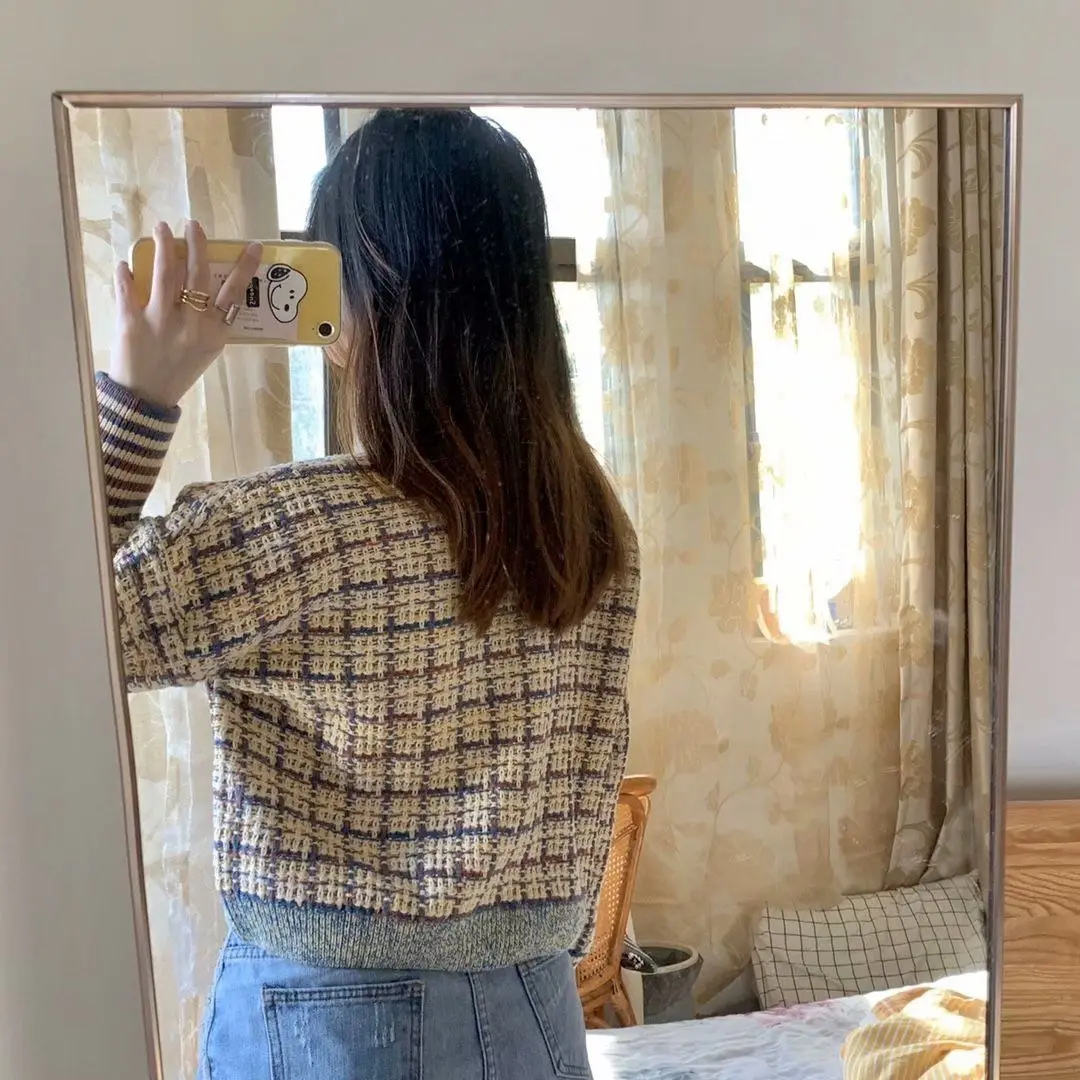 

Graceful Sweater Jacket 2020 Autumn New Loose Short Plaid Sweater Cardigan Women's Short Style
