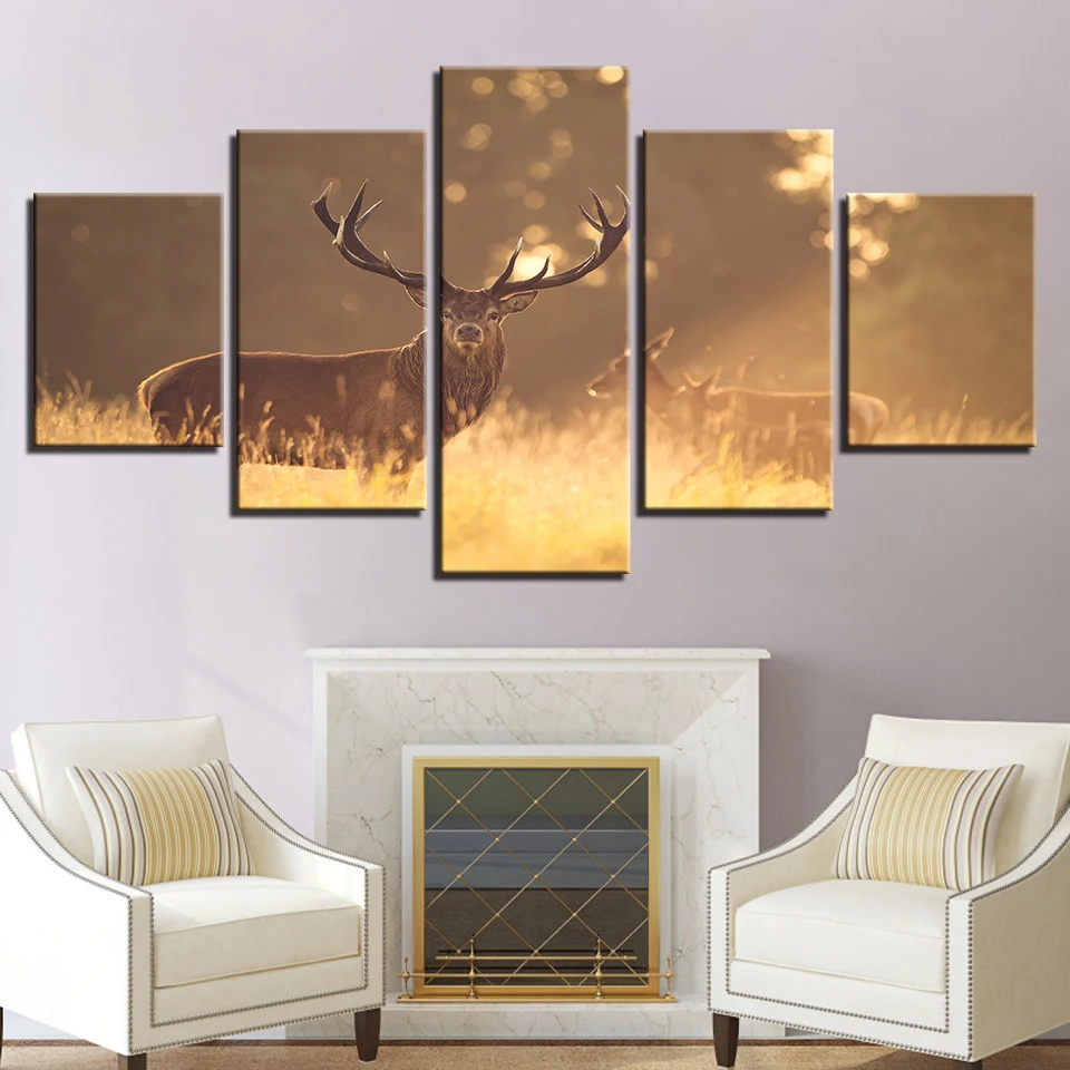 Домашний декор холст HD печать фотографии рамки 5 шт. животные олень картины осень