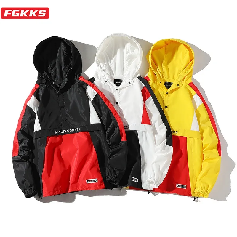 

FGKKS Trend Brand Men Fashion Jackets Spring New High Street Men's Patchwork Hooded Jacket Coats Windproof Casual Jacket Male