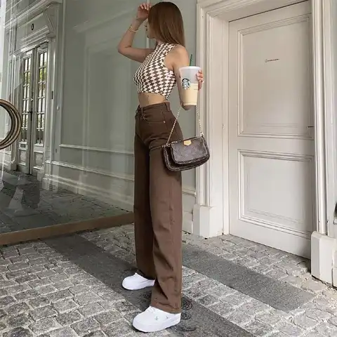Women Straight-leg Jeans Adults Vintage High Waisted Solid Color Denim Pants with Pockets