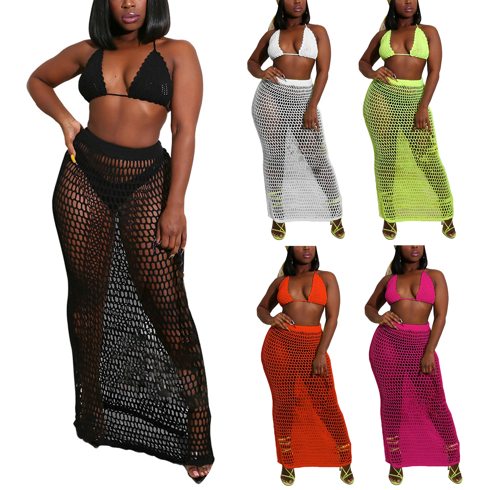 

Комплект сексуальной женской пляжной одежды из 2 предметов, однотонное ажурное бикини с глубоким V-образным вырезом и лямкой на шее + длинная...