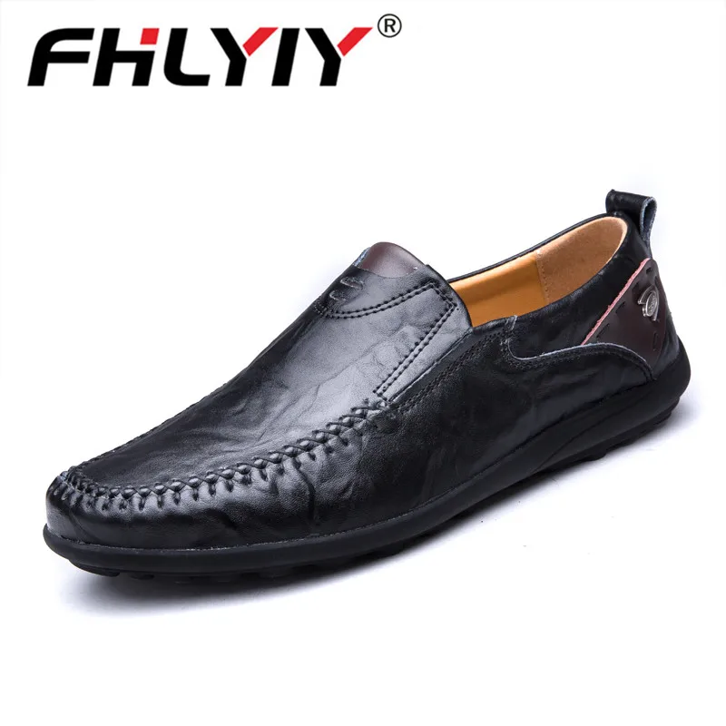 Black Fhlyiy/размеры 38-47, мужская обувь повседневная обувь на плоской подошве мужские кожаные лоферы без шнуровки, Мужская удобная обувь черного цвета мужские роскошные дизайнерские лоферы - Цвет: Black