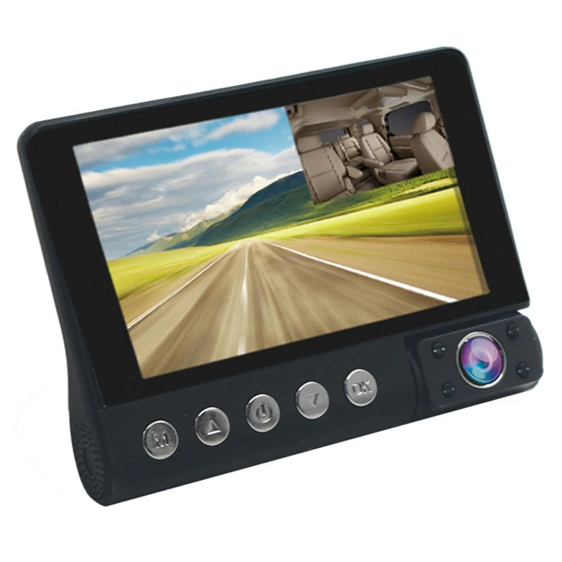 저렴한 4 인치 자동차 야간 투시경 카메라 G-센서 대시 캠, 터치 스크린 전면 후면 내부 3 렌즈 운전 레코더 (자동차 충전기 포함)