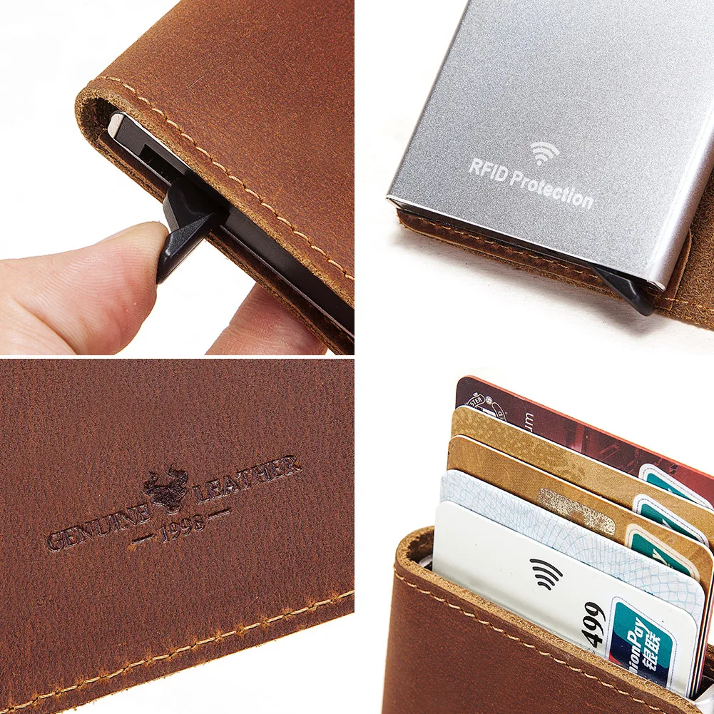 

KAVIS New Fashion Credit Card Holder Leather Men Wallets Money Bag Aluminum Slim Short Card Holder RFID Blocking Card Wallet