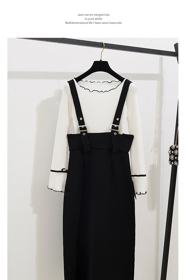 Autumn Women Flare Sleeve Knitted Bow Top+Mid-Long Black Suspender Skirt Set Streetwear Two-piece Set Strap Skirt Overalls