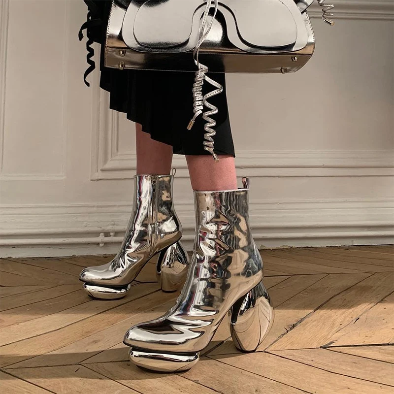 

Sexy Strange Heel Women Pumps Elegant Silver Chunky Martin Boots British High Heel Autumn Winter Shoes All Matched Lady Boots