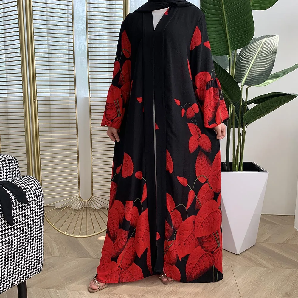 

Eid Mubarak Arab Muslim Women Cardigan Digital Printed Maple Leaf Sleeve Chiffon Open Abaya Dubai Kaftan Turkey Islamic Clothing