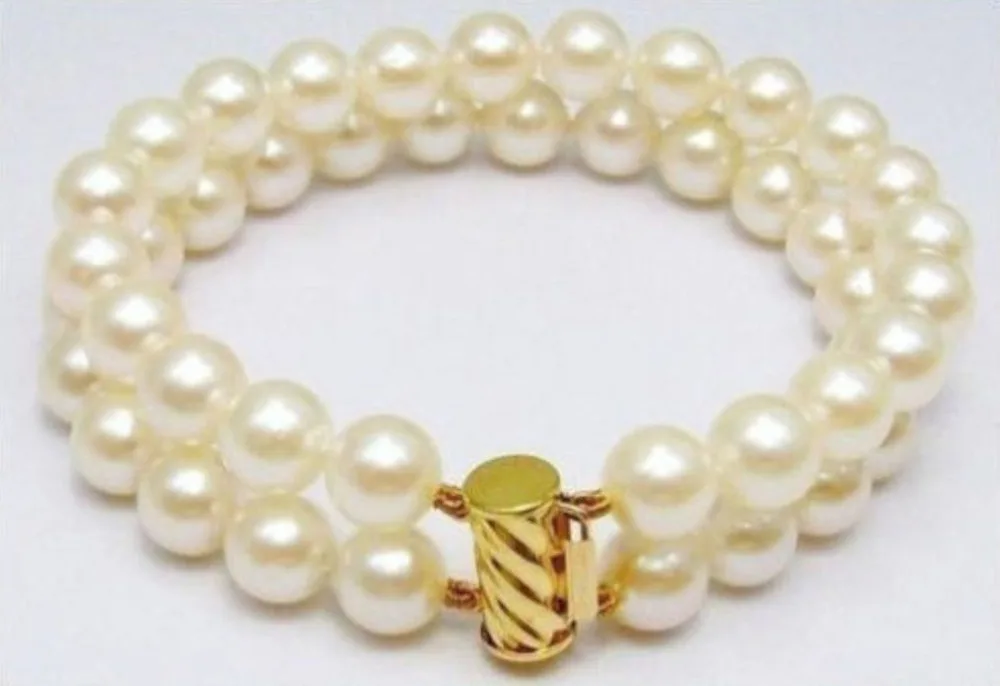 

Wholesale price New^^^REAL VERY NATURAL 2ROW 9-10MM AKOYA WHITE PEARL BRACELET 14K SOLID GOLD MARKED