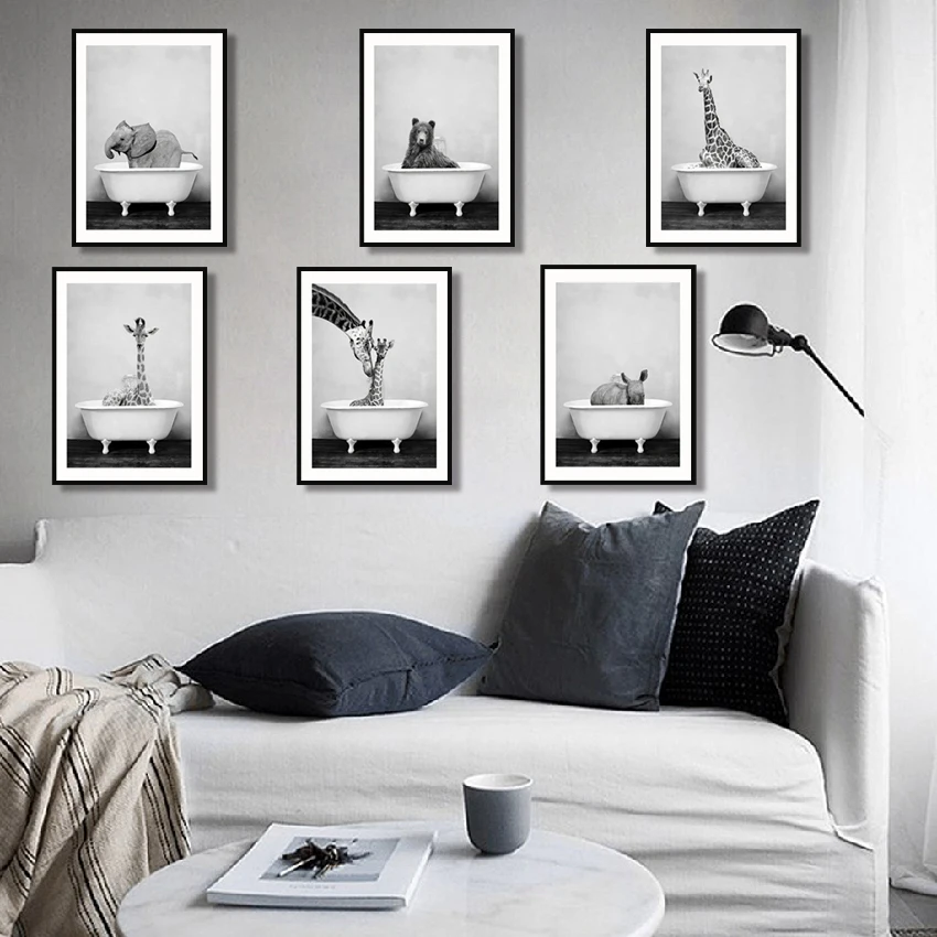 Детское животное в ванной постер панда жираф слон лев свинья корова холст
