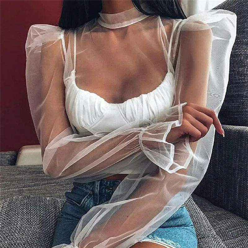 Сетчатые сексуальные топы женская модная блузка прозрачная рубашка с пышными