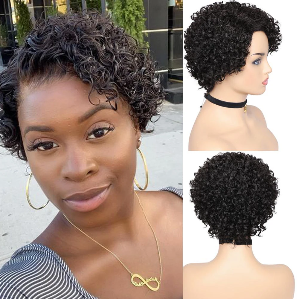 

Short Bob Curly Hair Wigs Pixie Cut Brazilian Human Hair For Black Women Natural Black Remy Wig 150% Density Glueless Side Part