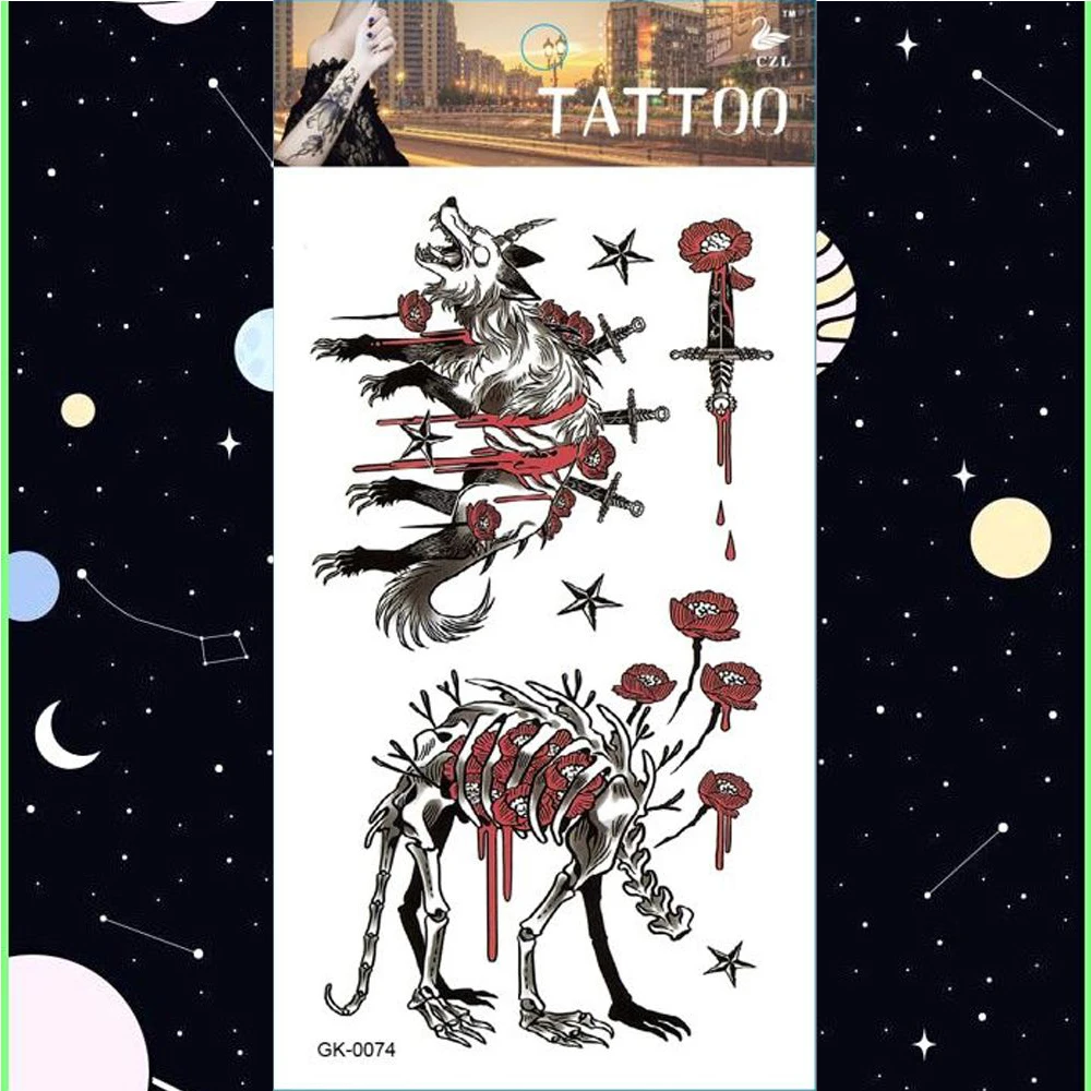 Временные тату-Стикеры с розовым и черным цветком объемные татуировки волка Сика