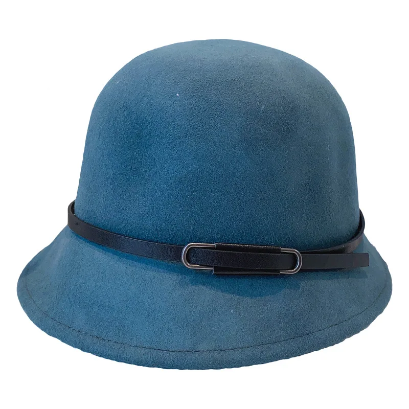 

Women Solid Wool Felt Cloche Hats Fedoras Vintage Western Bucket Hats For Women Female Bowler Hats With Belts