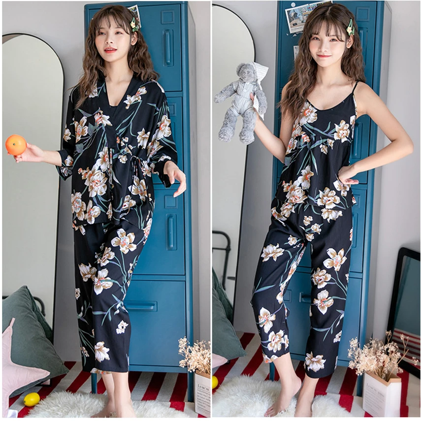 

Silk Pajamas for Women Japanese Kimono Sexy Sling Flower Print Sleepwear Spring Autumn Long Sleeve Plus Size Loose Loungewear