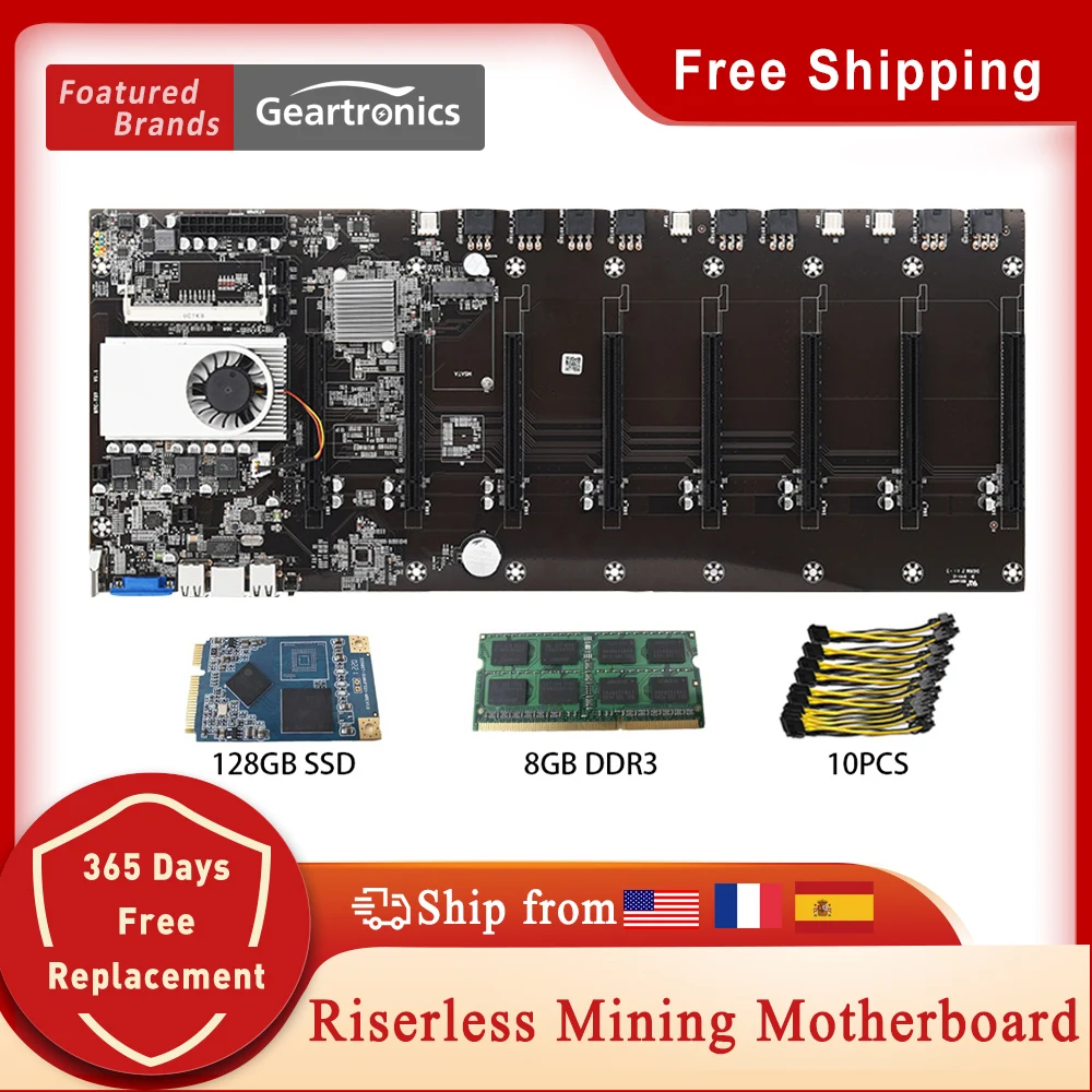 

BTC-D37 Riserless Mining Motherboard 8CPU Bitcoin Crypto Etherum Mining with 4/8GB DDR3 128GB MSATA SSD 10X8Pin Power Cable