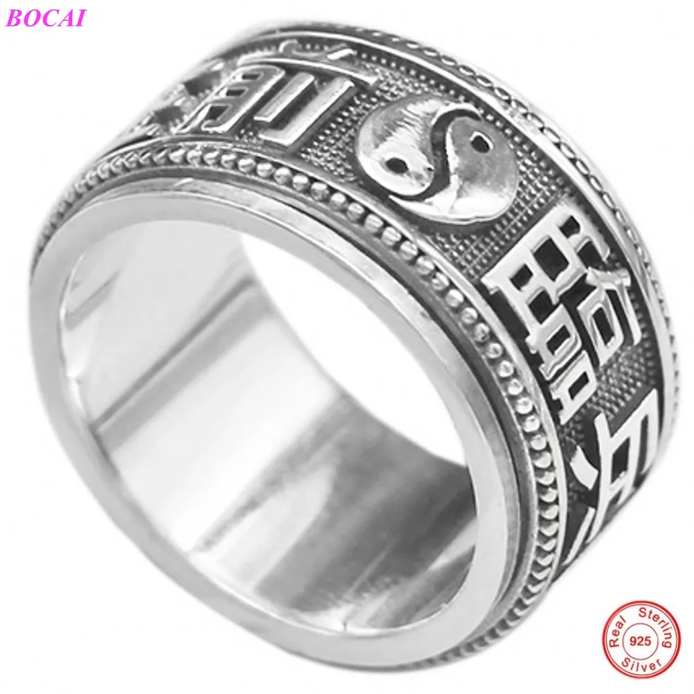 

BOCAI S925 Pure Silver Taoist Nine Character Truth Words Rotatable Thai Silver Ring Index Finger Ring For Men And Women
