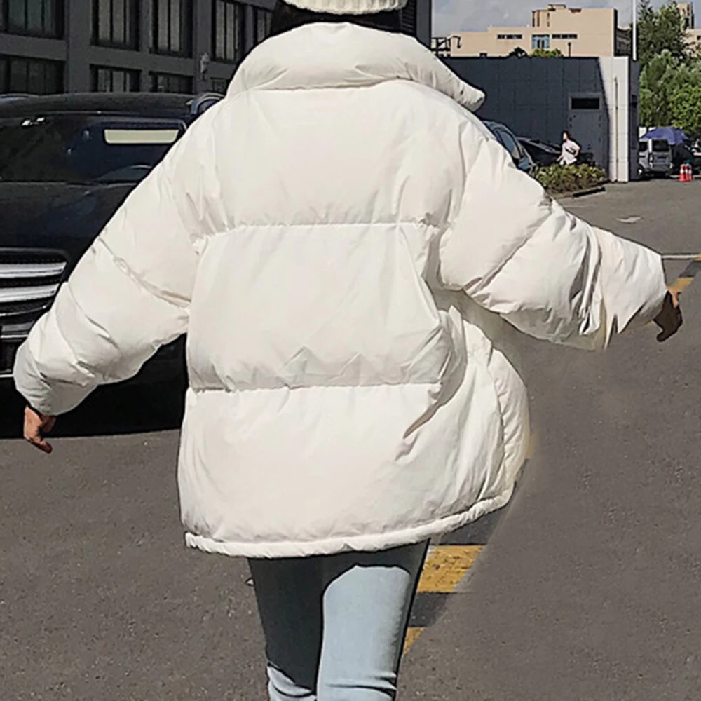 PUIMENTIUA Winter Warm Jacket Women Stand Collar Solid Black White Female Down Coat Loose Womens Plus Size Short Parka New