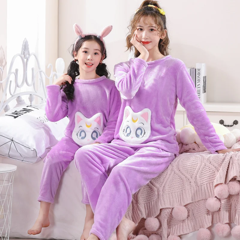

Autumn and Winter Mother and Daughter Flannel Parent-Child Pajamas Older Children Girls Winter Coral Fleece Warm Clothing Girls