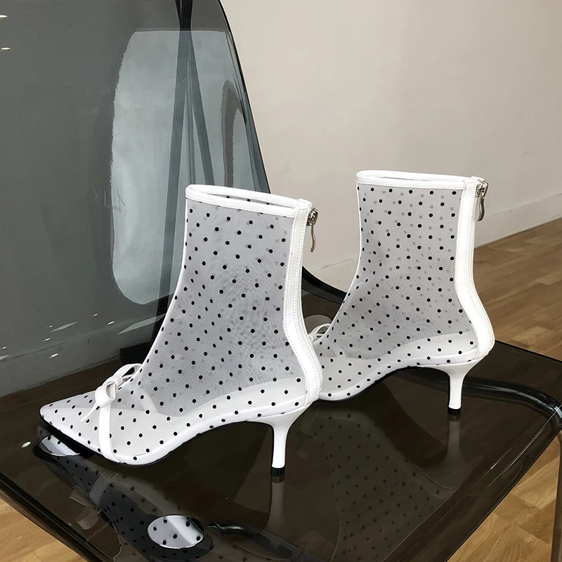 Polka Dot Heel Shoes Women Ankle Boots Female Lace Short Kitten With Luxury Brand Bow Style Dress Pointed Toe | Обувь