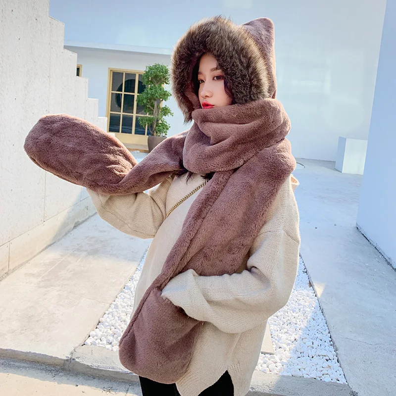 

Fluffy hat women's autumn and winter cycling thick warm ear scarf gloves all-in-one gear tide cute hoodie