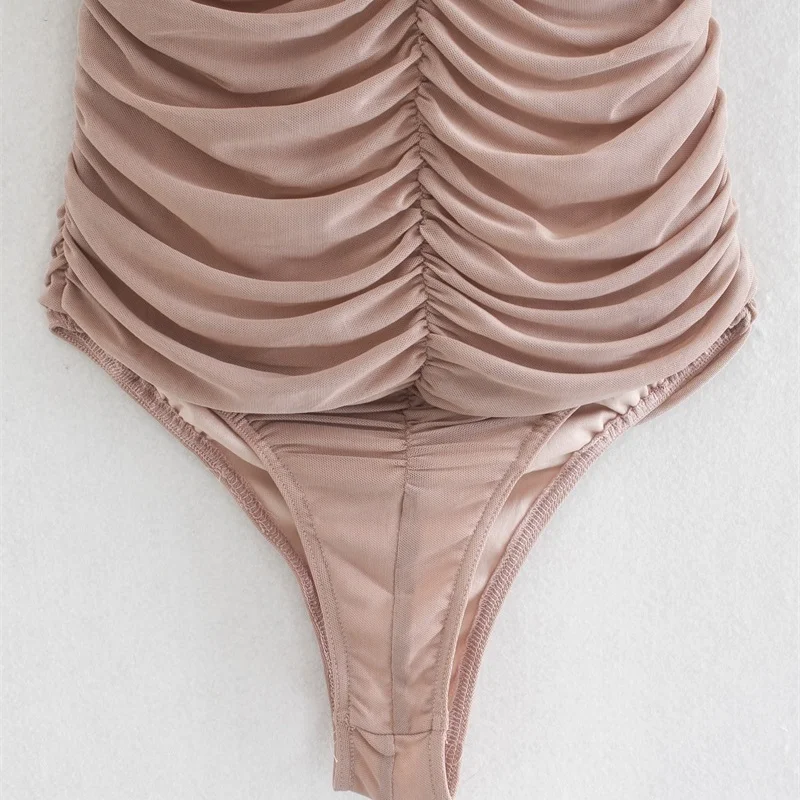 

ZXQJ Women 2020 Sexy Fashion Halter Tie Pleated Bodysuits Vintage Sleeveless Back Female Playsuits Chic Tops