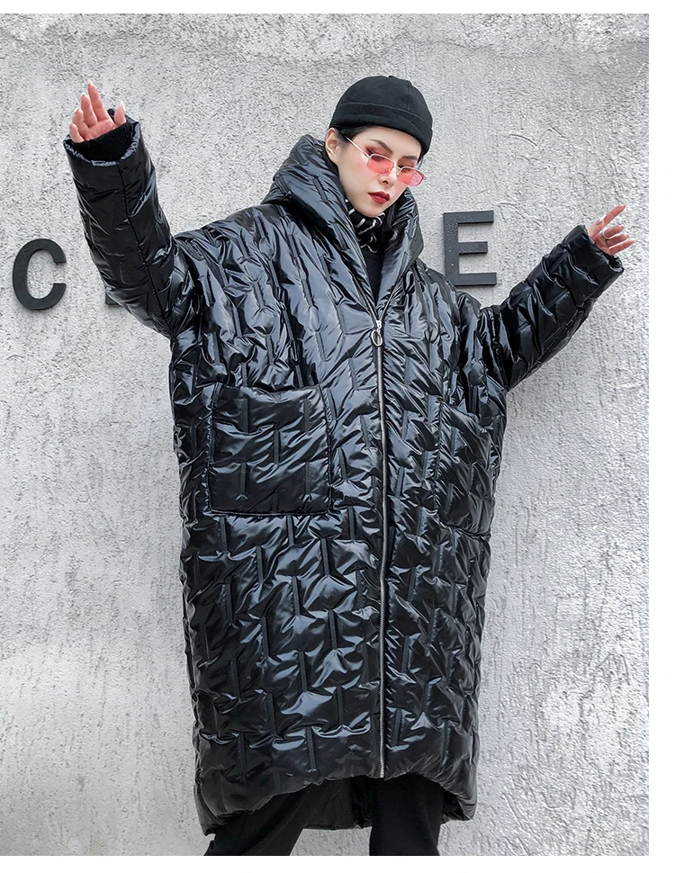 Зимний уличный стиль серебро фабричные блестящие плотное теплое пальто из