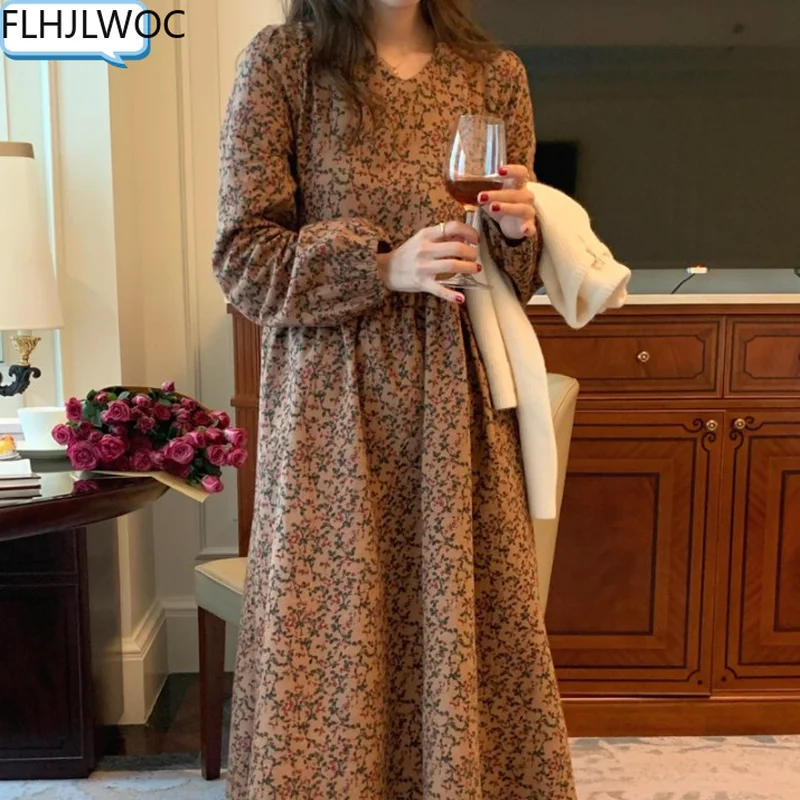

Женское платье с длинным рукавом, винтажное хлопковое платье в Корейском стиле с цветочным принтом, зима-весна 2022