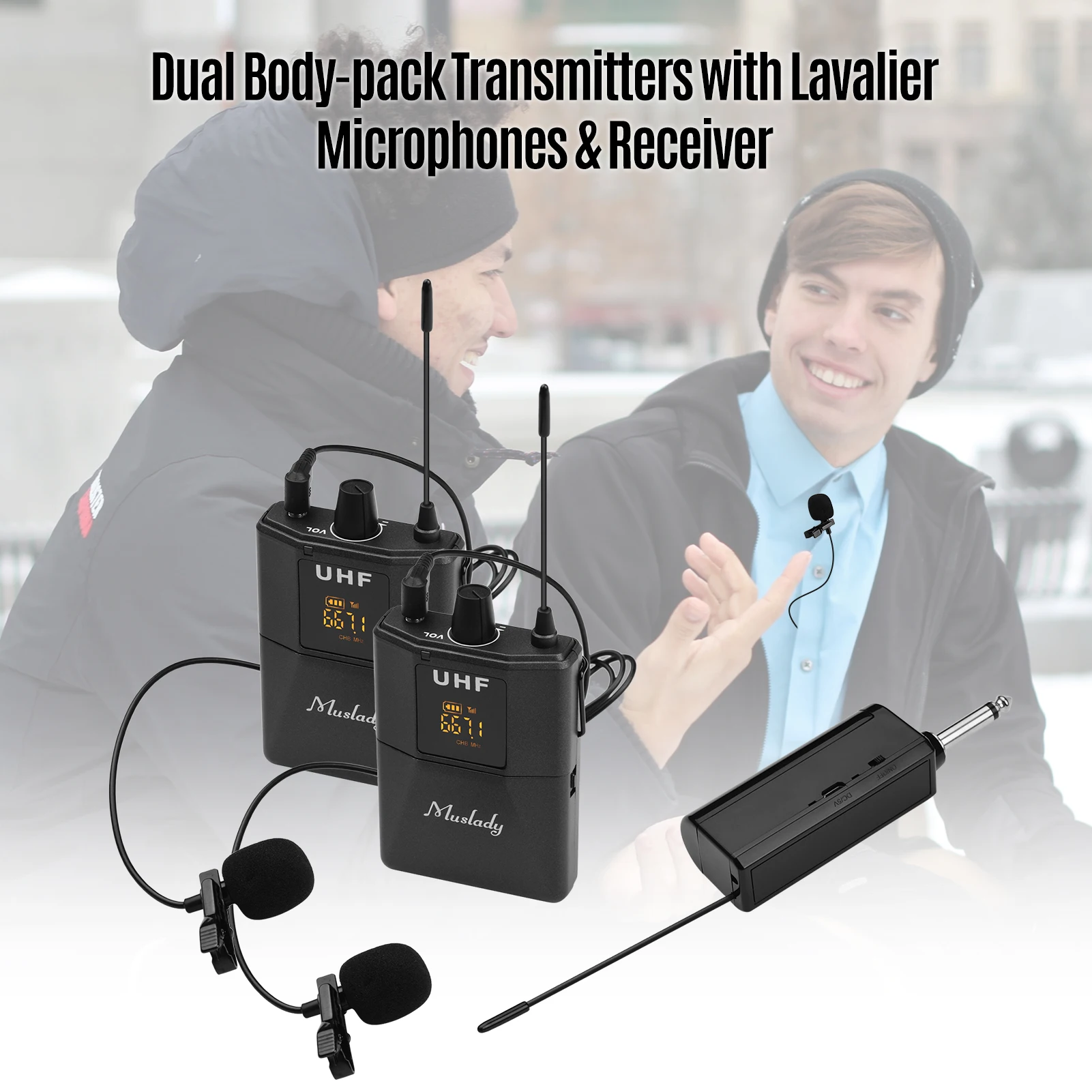 

Muslady UHF Wireless Microphone System with Lavalier Microphone Body-pack Transmitter & Receiver 6.35mm Plug with 3.5mm Adapter