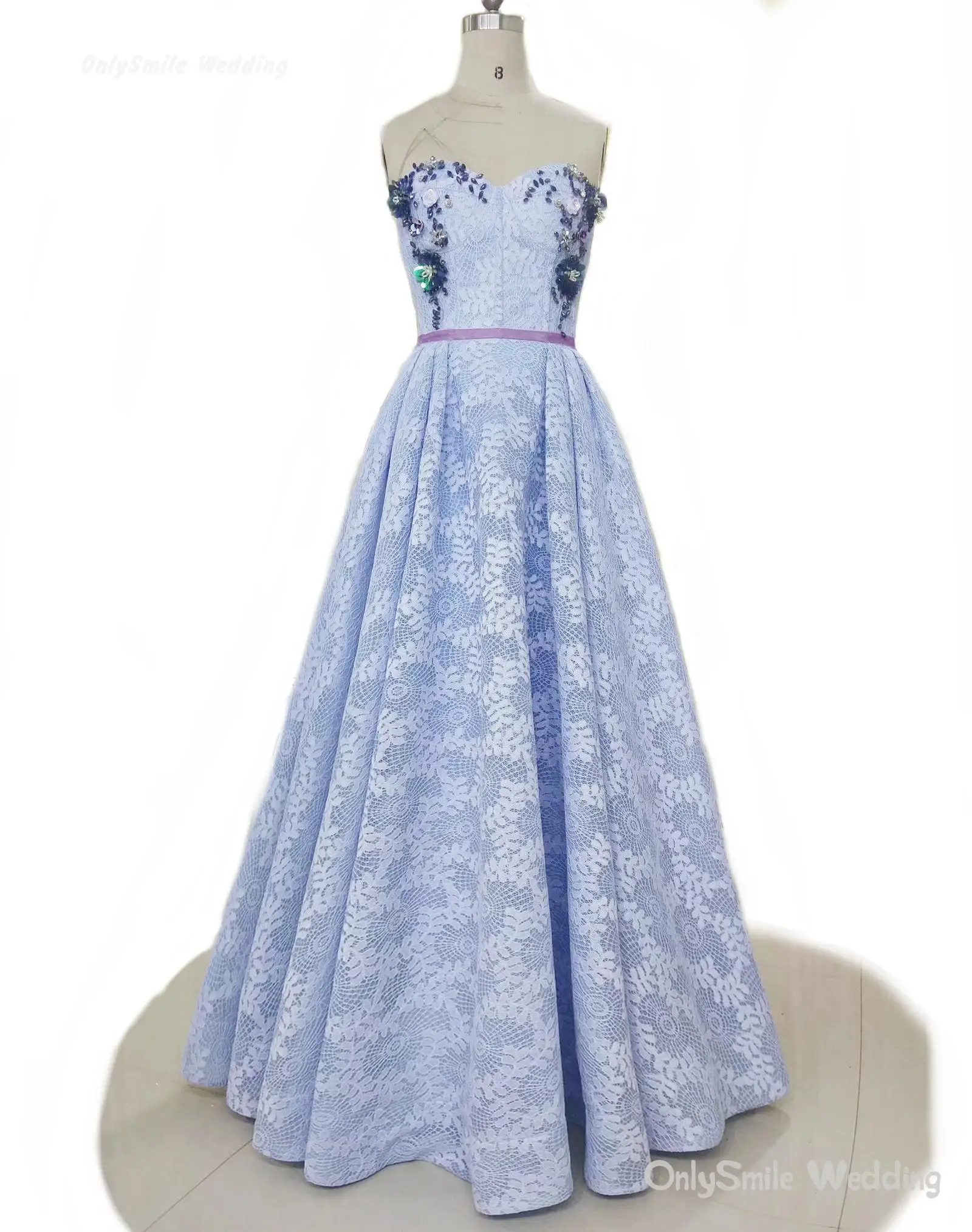 

Light Blue Long Evening Dresses Sweetheart Tulle Formal Evening Gown Robe De Soiree Elegant Prom Party Dresses Hand made Flowers