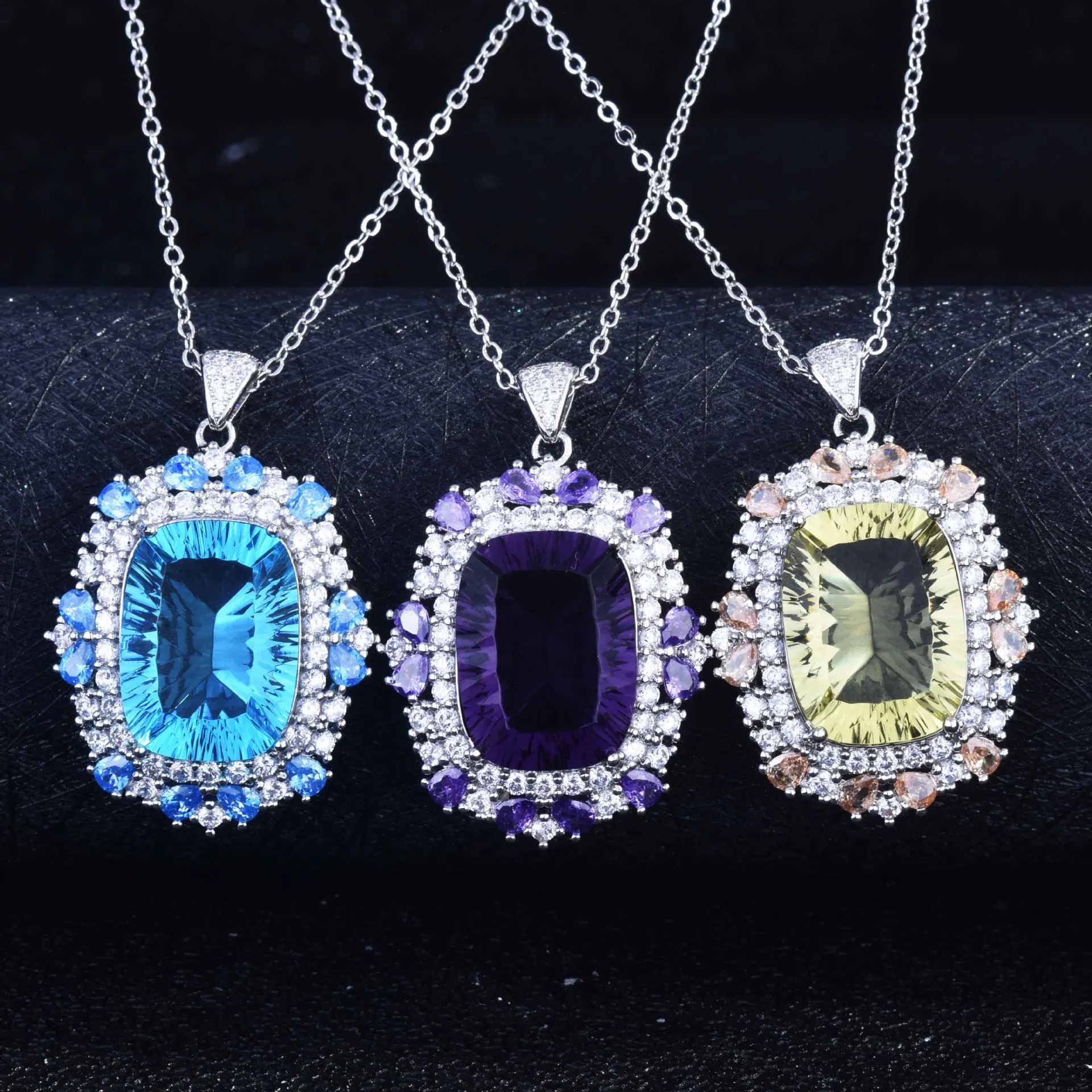Trendy Blue/Purple/Yellow Topaz Stone Big Pendants Necklace For Women Elegant Bride Wedding Women's Necklaces Anniversary Gifts