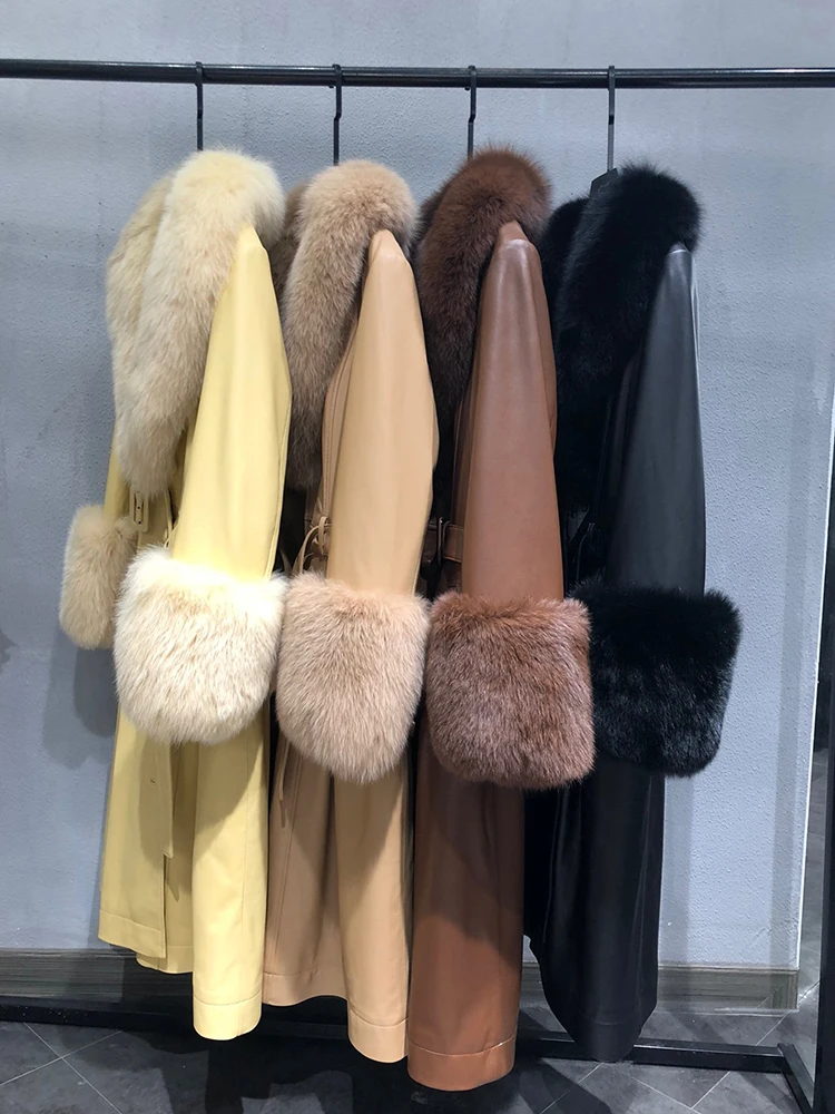 

2021 New Arrival High Quality Women Long Genuine Leather Jacket Real Fox Fur Collar and Cuff High Street Outerwear