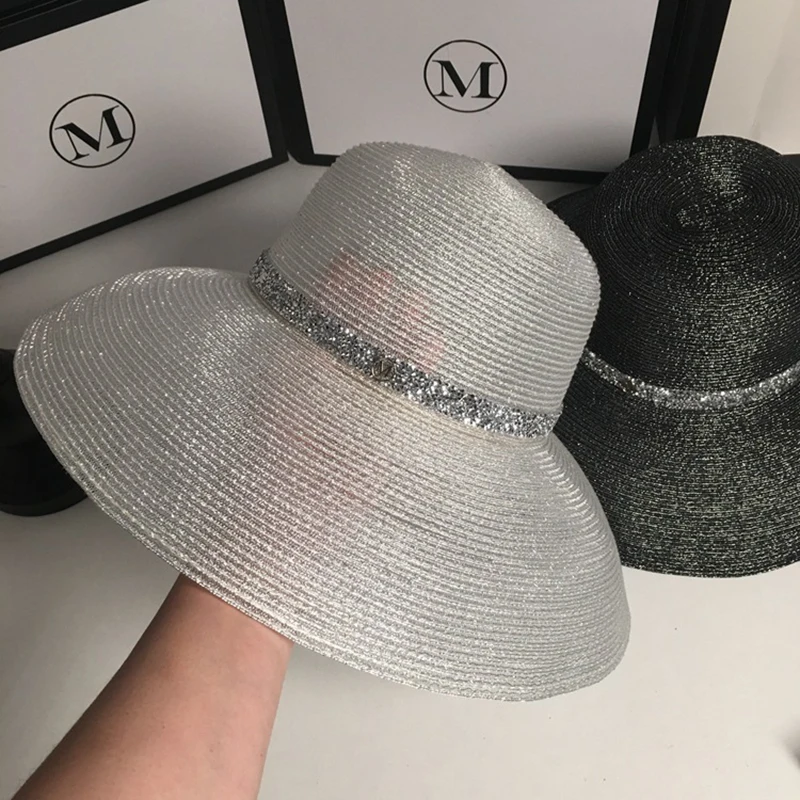 

Foldable Fashion Straw Hat Summer Women Outdoor Beach Travel Sun Hat Big Brim Transparent UV Shade Cap Letter M Casual Lady Hat