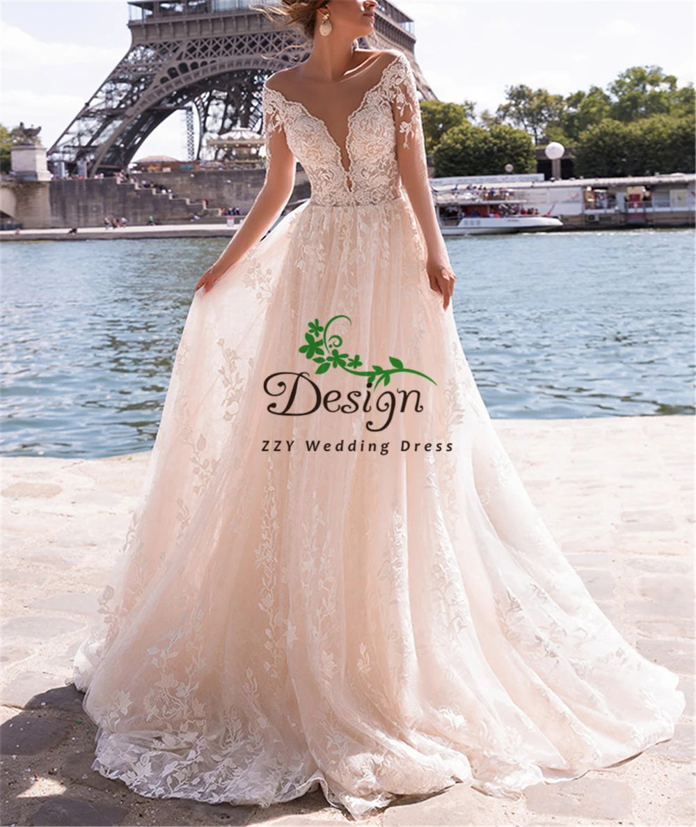 

Exquisite Sexy Ivory scoop Illusion Lace Appliqued Tulle Full Sleeves A-line Wedding Dress 2023 Custom-Made Vestidos De Novia