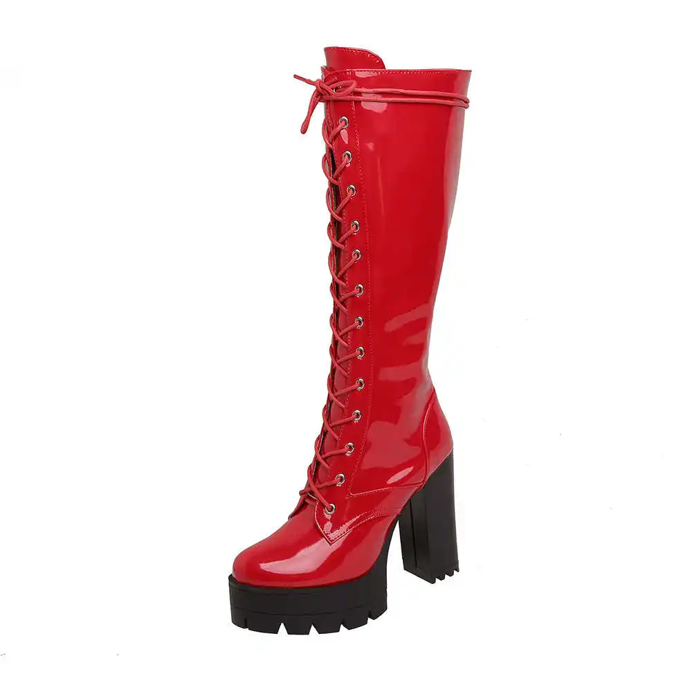 

Waterproof platform high boots large size lace up thick heel boots
