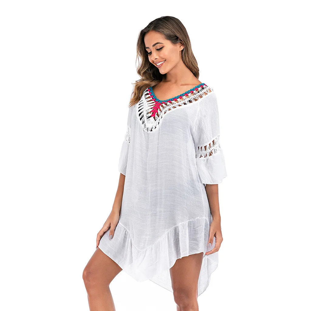 

Swimming Cover Up Dress Women Hollow Out Crochet Lace Patchwork Swimwear Beachwear Dresses loose