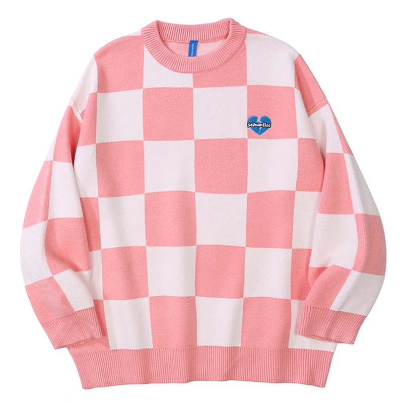 

Men Harajuku Plaid Knitting Loose Sweaters Winter Unisex Vintage Oversize Couple Pullovers Pink Sweater свитер оверсайз