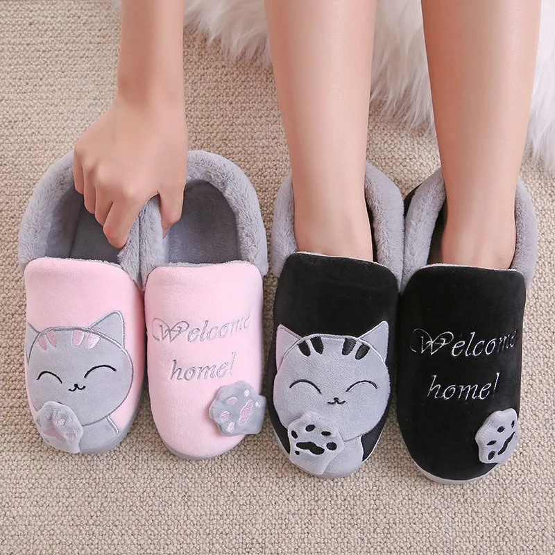 

Shoes Couple Furry Warm Home Slippers Plus Size Man And Women Slides Female Plush Cat Slip on Soft Indoor Flats Winter Slipper
