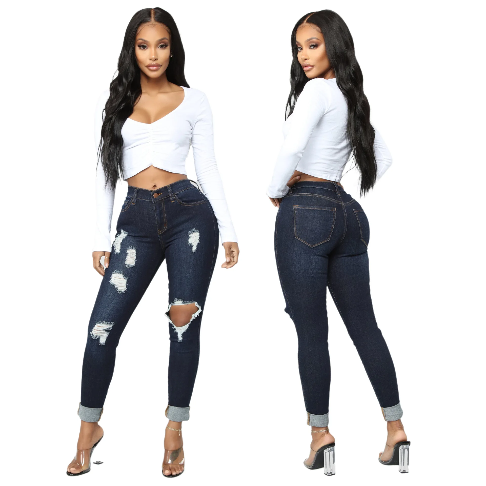 

Hot Selling Fashion All-Match Stretch High-Waist Denim Ripped Leggings