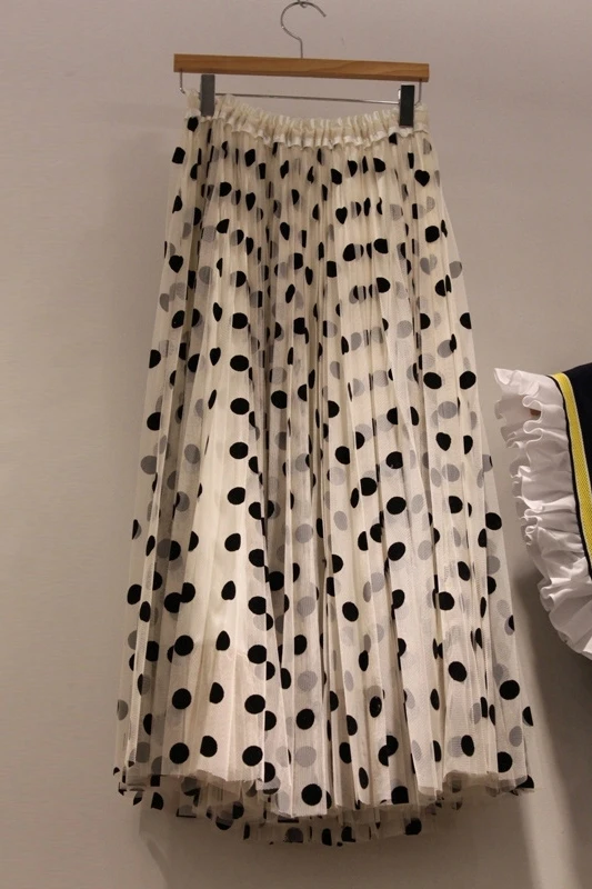 

2021 Spring Summer New Mesh Polka Dot Pleated Skirt Women's High Waist Slimming A-line Midi Skirt Female