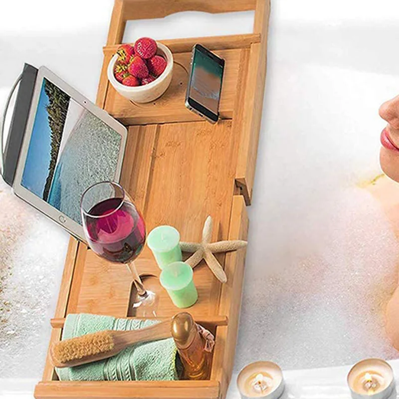 

Bamboo Bathtub Tray Adjustable Retractable Bathroom Bathtub Organizer with Book Tablet Wine Gl Cup Towel Holder