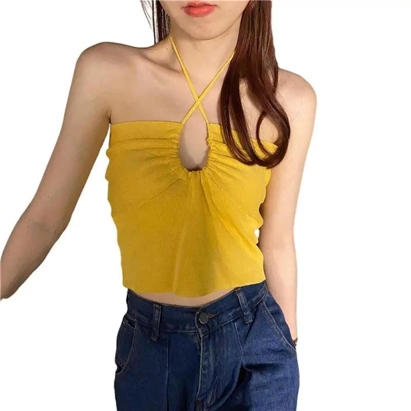 

2021 Woman Summer Bandage Halter Crop Tank Tops Sleeveless Camisole Drawstring Halterneck Cropped Top for Party Daily