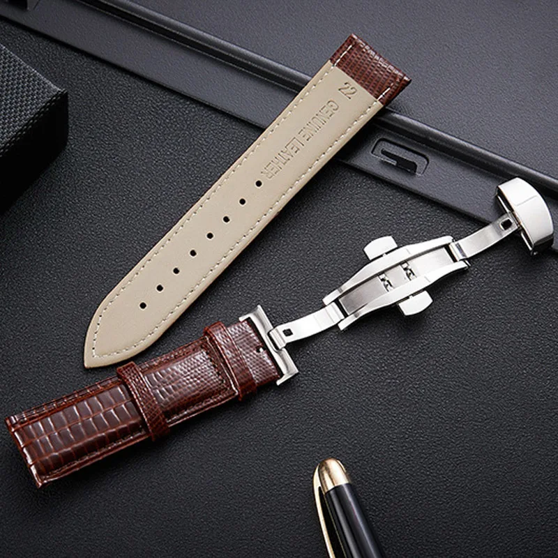Lizard Texture Butterfly Buckle Leather Watchband Leather Watch Strap Universal Watch Band 14mm 16mm 18mm 20mm 22mm 24mm