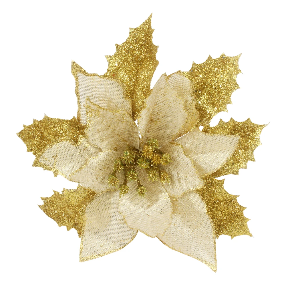 12pcs/lot Artificial Christmas Flowers Plastic&Cloth Glitter Hollow Flower For Christmas Tree Decoration DIY Xmas New Year Decor